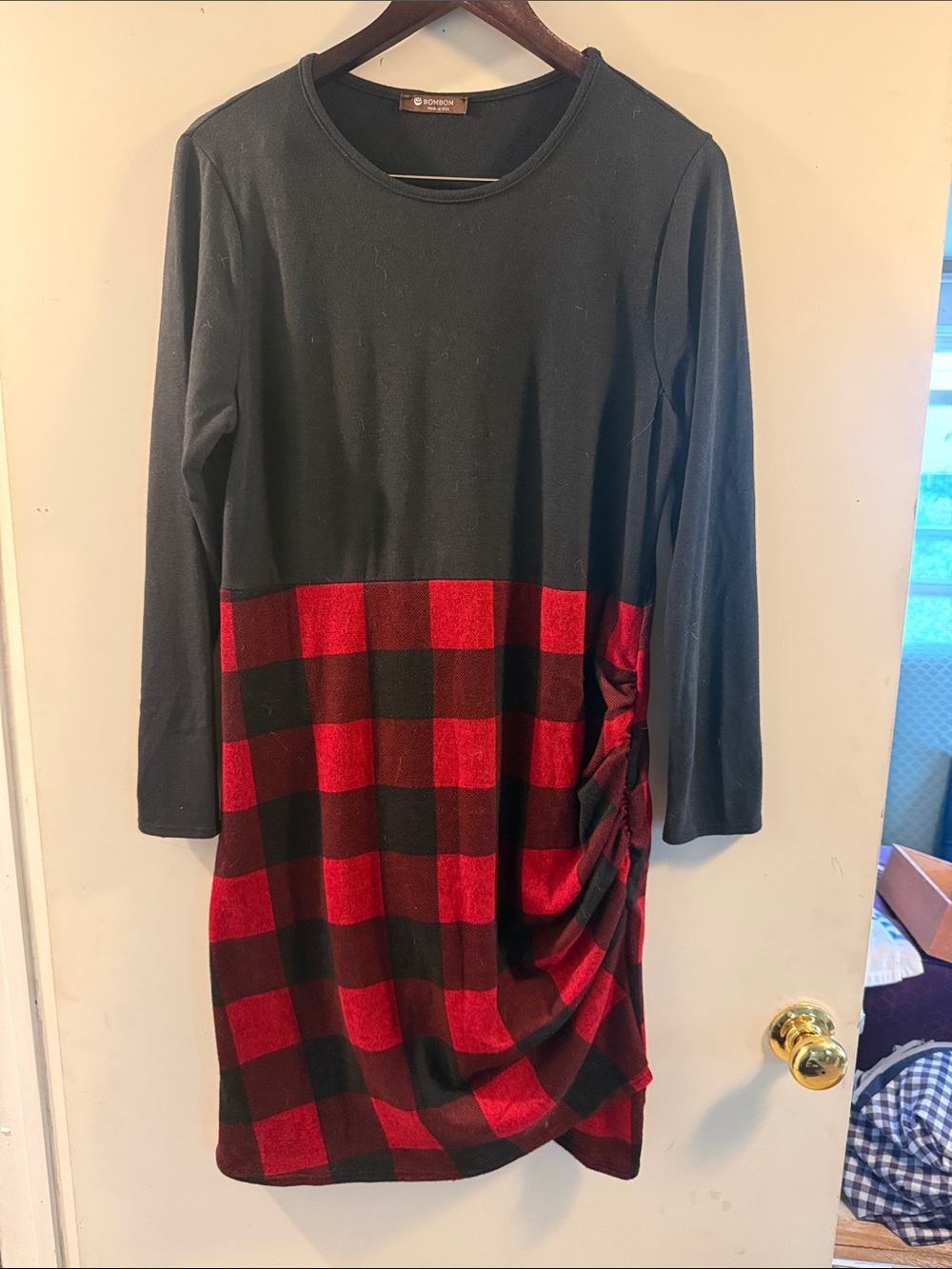 BOMBOM Womens Black Red Buffalo Check Plaid Long Sleeve Dress Sz Extra Large